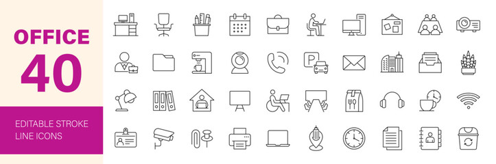 Office icon set. Containing briefcase, desk, computer, workspace, laptop, whiteboard, projector and more. Editable line icons. Vector illustration.