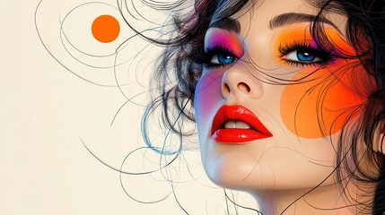 A woman with bright blue eyes and red lipstick looks off to the side, with colorful circles and swirling lines behind her.