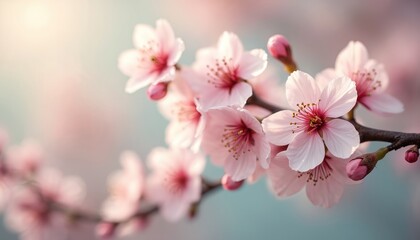 Fototapeta premium Soft focus cherry blossom branches in pastel hues, evoking a serene spring atmosphere. Pink petals, fresh buds, branches, natural light background. Springtime, bloom, beauty, tranquility, freshness.