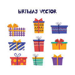 Birthday Gifts Set Elements Vector Illustration Flat Color