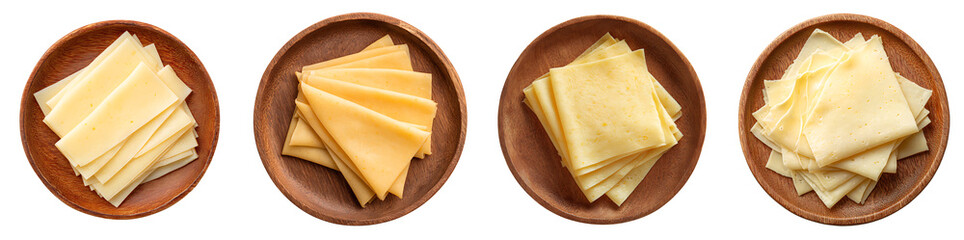 Delicious yellow cheese slice on wooden plate PNG set Transparent background