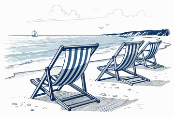 Create a bold, vector illustration of beach lounge chairs, emphasizing thick outlines and strong color contrast.  Include details like fabric texture and shadows.