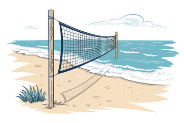 Create a bold, black vector illustration of a beach volleyball net, emphasizing strong lines and clean design.  Include details like the mesh and top supports.