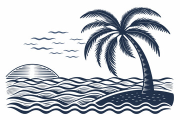 Create a bold, vector illustration of a beach scene featuring a prominent palm tree, emphasizing strong outlines and vibrant color.