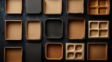 Collection of brown kraft paper food containers, including boxes with foldable lids and open trays, set against a clean white backdrop. Space for text placement.