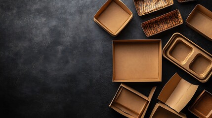 Collection of brown kraft paper food containers, including boxes with foldable lids and open trays, set against a clean white backdrop. Space for text placement.