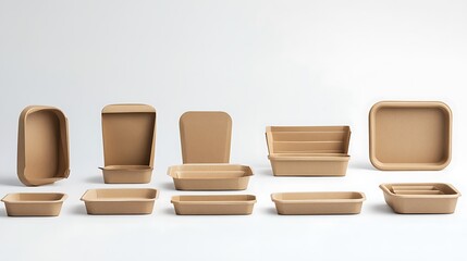 Collection of brown kraft paper food containers, including boxes with foldable lids and open trays, set against a clean white backdrop. Space for text placement.