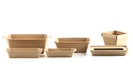 Collection of brown kraft paper food containers, including boxes with foldable lids and open trays, set against a clean white backdrop. Space for text placement.