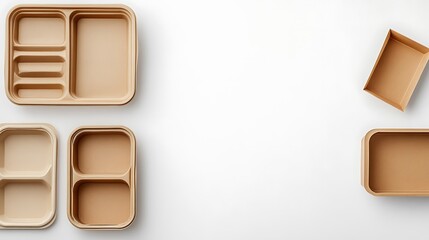 Collection of brown kraft paper food containers, including boxes with foldable lids and open trays, set against a clean white backdrop. Space for text placement.