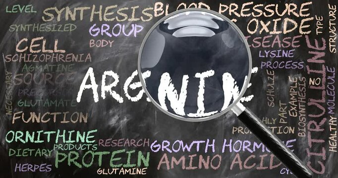 Arginine being studied, examined - under close inspection. Most important subjects and ideas closely related to arginine written on a blackboard inspected by a magnifying glass. Can be looped