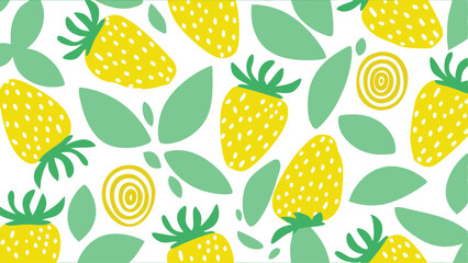 Illustration of yellow strawberries with green leaves and circles on a white background design