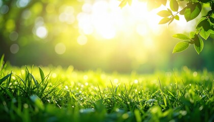 Obraz premium Inspiring morning sunlight illuminates lush green grass in nature's tranquil setting outdoor scene close-up view