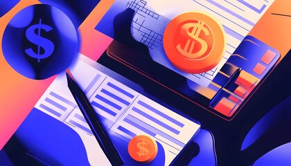 Colorful financial documents and currency symbols on a desk.