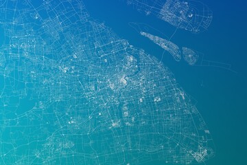 Map of the streets of Shanghai (China) made with white lines on greenish blue gradient background. 3d render, illustration