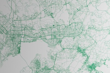 Map of the streets of Shenzhen (China) made with green lines on white paper. 3d render, illustration
