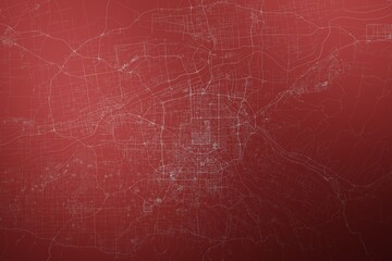 Map of the streets of Xian (China) made with white lines on abstract red background lit by two lights. Top view. 3d render, illustration