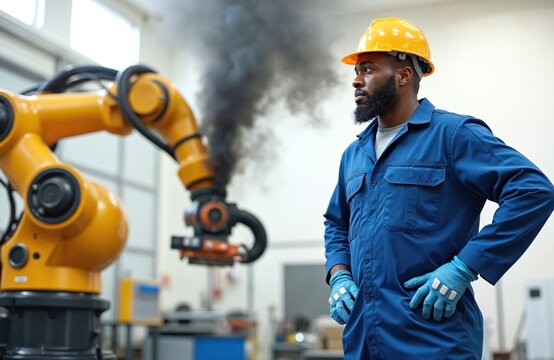 African American worker inspects industrial robotic arm after short circuit. Factory machine malfunctioned, emitting black smoke. Safety equipment, yellow helmet. Man worried. Automation tech failure.