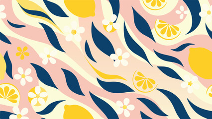 A beautiful pattern with lemons, flowers and leaves on a wavy background in pastel colors is displayed
