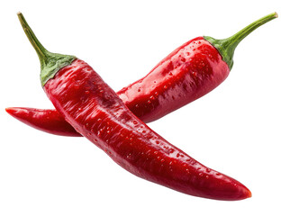 Two fresh red chili peppers with water droplets on transparent background