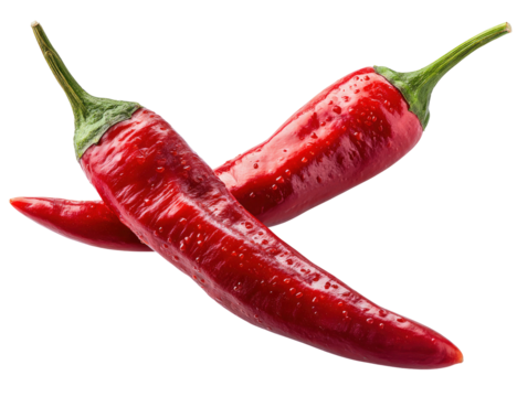 Two fresh red chili peppers with water droplets on transparent background