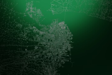 Street map of Surabaya (Indonesia) engraved on green metal background. Light is coming from top. 3d render, illustration