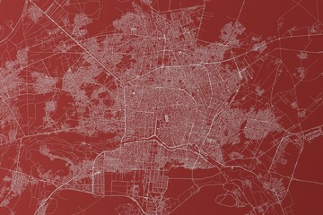 Map of the streets of Isfahan (Iran) made with white lines on red background. Top view. 3d render, illustration