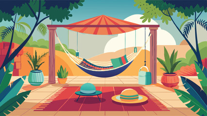Tropical backyard scene featuring hammock and plants suitable for relaxation and leisure
