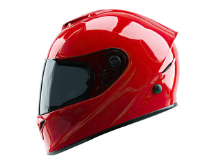 Shiny red motorcycle helmet with tinted visor on transparent background