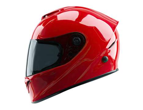 Shiny red motorcycle helmet with tinted visor on transparent background