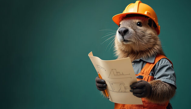 Funny beaver dressed engineer holding blueprint. Wearing hard hat, construction overall. Rodent builder profession. Architecture, civil engineering. Safety, planning, design, building. - Powered by Adobe
