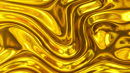 Liquid gold chrome waves background, shiny and lustrous golden metal pattern texture.