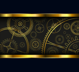 Technology background with gold gears and cogs on black, shiny metal 3D background.