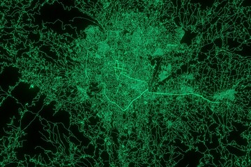Map of the streets of Kathmandu (Nepal) made with green illumination and glow effect. Top view on roads network. 3d render, illustration