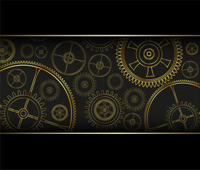 Technology background with gold gears and cogs on black, shiny metal 3D background.