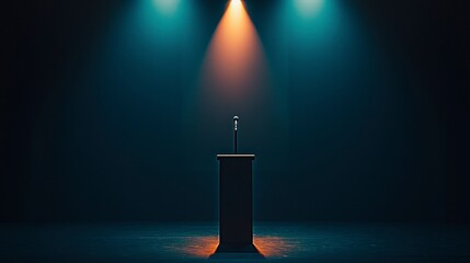 Podium with microphone under dramatic lighting.