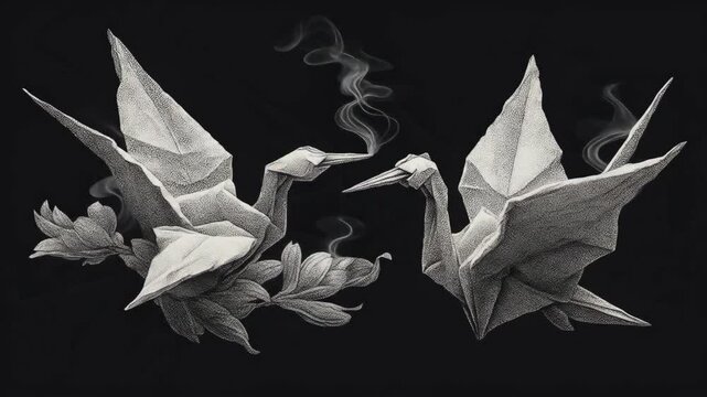 Origami Cranes with Smoke, and Flowers.