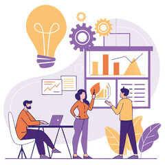 Team collaborating on a business presentation with graphs and ideas