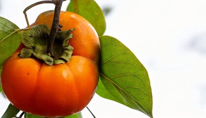 Persimmon fruit on a tree. using macro technique. white background. copy space