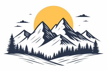 Create a bold, minimalist vector illustration of a single mountain range, featuring thick, black strokes.  Focus on clean lines and simple shapes.