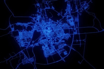 Street map of Medina (Saudi Arabia) made with blue illumination and glow effect. Top view on roads network