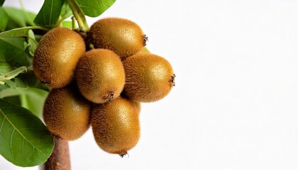 Kiwi fruit on a tree. using macro technique. white background. copy space