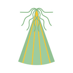 Green birthday cap with yellow stripes and tassel. Festive carnival hat isolated on white or transparent background. Vector illustration. Close-up element for design decoration.