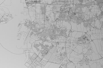 Map of the streets of Incheon (South Korea) made with black lines on grey paper. Top view. 3d render, illustration