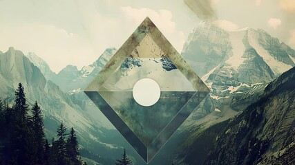 Surreal mountain landscape, geometric overlay, moon - Powered by Adobe