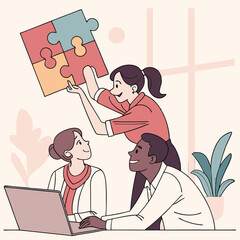 Teamwork and collaboration in the office solving a puzzle.