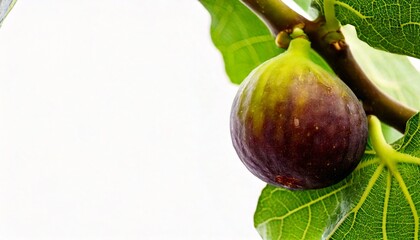 Ripe Fig fruit on a tree. using macro technique. white background. copy space