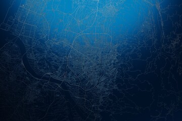 Street map of Taichung (Taiwan) engraved on blue metal background. View with light coming from top. 3d render, illustration