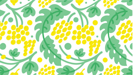 Seamless pattern featuring stylized yellow grape clusters and green leaves on a white background