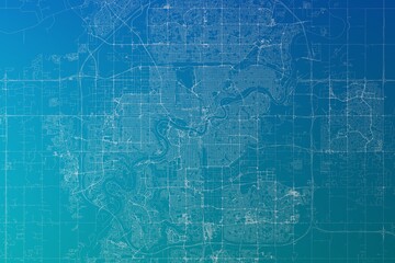 Map of the streets of Edmonton (Canada) made with white lines on greenish blue gradient background. 3d render, illustration