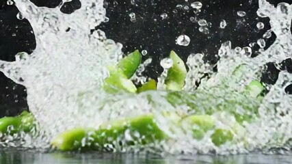 Edamame pods breaking surface tension in a high-speed splash shot, bright greens under hard light on black - Powered by Adobe